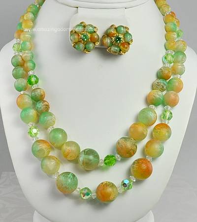 Tropical Vintage Signed JUDY LEE Double Strand Bead Necklace and Earring Set