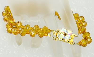 Vintage Two Strand Amber Crystal Bracelet with Aurora Borealis Rhinestone Clasp