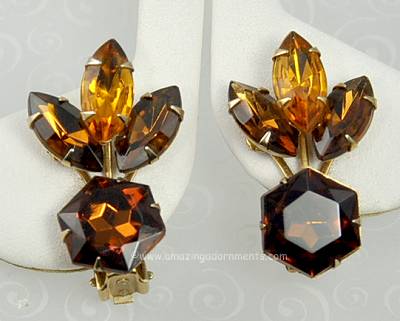 Beautiful Vintage Amber Rhinestone Earrings Signed BEAUJEWELS