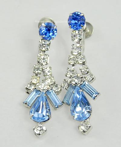 Marvelous Vintage Sapphire Blue and Clear Rhinestone Drop Earrings