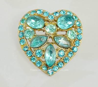 Lovely Vintage Aqua Blue Rhinestone Heart Pin