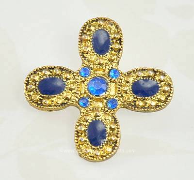 Exquisite Unsigned Small Cross Pin with Blue Stones