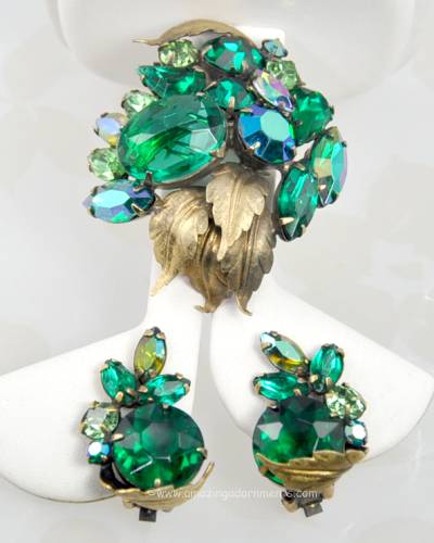 Stupendous Vintage Green Rhinestone Brooch and Earring Demi- parure
