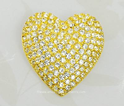 Outstanding Signed Pave Set Clear Rhinestone Heart Brooch