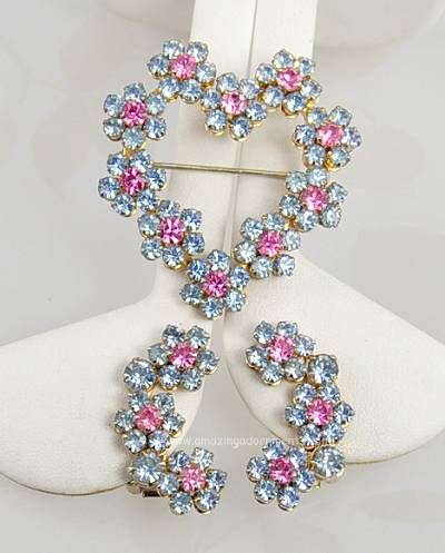Marvelous Vintage Pink and Baby Blue Floral Heart Brooch and Earring Set