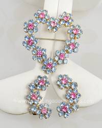 Marvelous Vintage Pink and Baby Blue Floral Heart Brooch and Earring Set