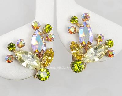 Magnificent Vintage Multi- colored Rhinestone Earrings Signed WEISS