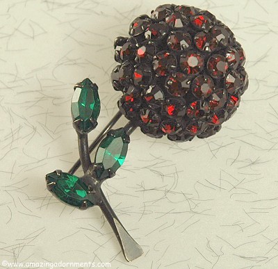 Luscious Vintage Ruby Red and Green Rhinestone Japanned Pin Signed WARNER