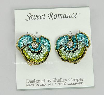 Contemporary Rhinestone Pansy Earrings Signed and Carded SWEET ROMANCE