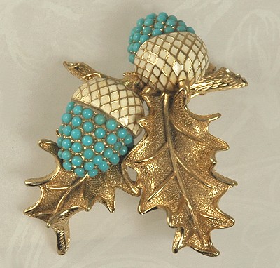 CINER Faux Turquoise and Enamel Acorn Spray Brooch
