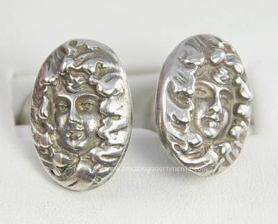 Emblematic Antique Sterling Art Nouveau Repouss Cufflinks Signed UNGER BROTHERS