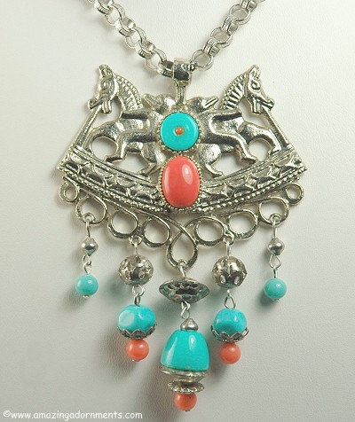 Ornate Vintage Faux Coral and Faux Turquoise Dangle Necklace Signed ART