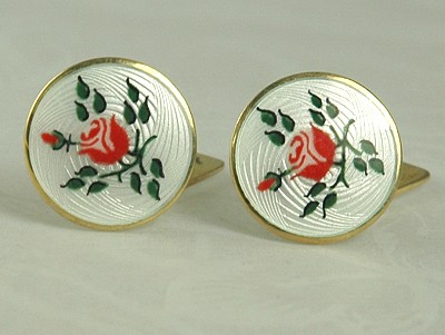 White Guilloche and Red Rose NORWAY Sterling Cufflinks Signed AKSEL HOLMSEN