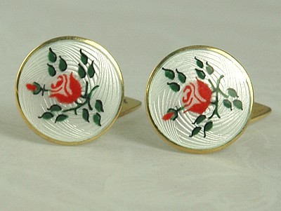 White Guilloche and Red Rose NORWAY Sterling Cufflinks Signed AKSEL HOLMSEN