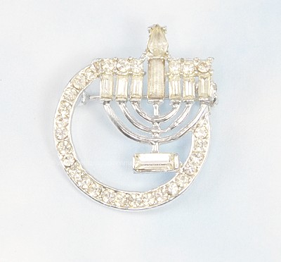 Sparkling Old Menorah Brooch with Clear Rhinestones