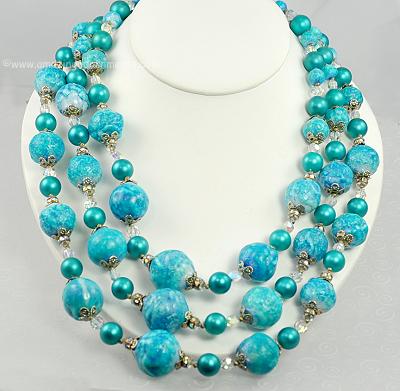 Vintage Triple Strand Marbleized Teal and Crystal Bead Necklace Signed VENDOME