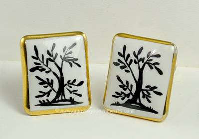 Artsy Vintage Hand Painted Porcelain Tree of Life Cufflinks Signed VICTORIA FLEMMING