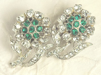 Vintage Adolph Katz CORO Emerald and Crystal Rhinestone Flower Duette