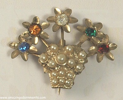 Miniature Vintage Faux Pearl Basket Pin with Rhinestone Flowers