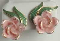 Wonderful Vintage Porcelain and Enamel Rose Earrings Signed HOBE
