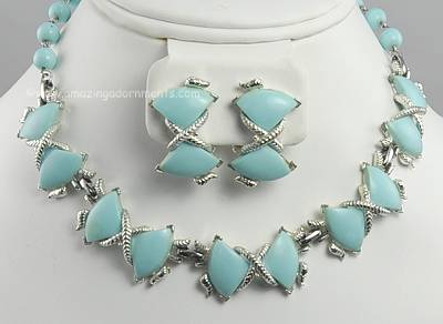 Rare Vintage Blue Thermoplastic Bows Necklace and Earring Set Signed BOGOFF