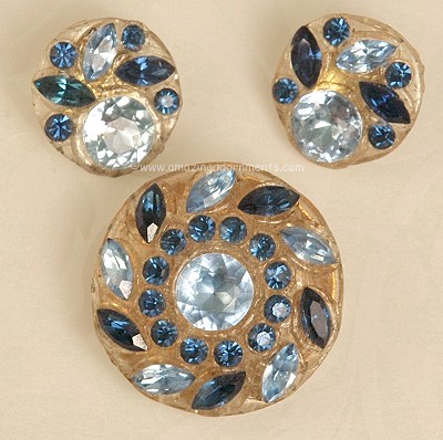 Old Stamped MADE IN FRANCE DEPOSE Plastic Pin and Earring Set with Embedded Rhinestones