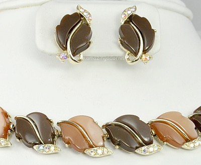 Marvelous Shades of Fall Thermoplastic and Rhinestone Leaves Set Signed LISNER