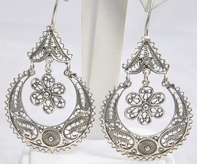 Lovely Turkish Sterling Silver Filigree Hoop Dangle Earrings