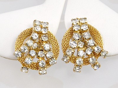 Unique Rhinestone Fireworks on Mesh Earrings Signed JEWELS BY JULIO