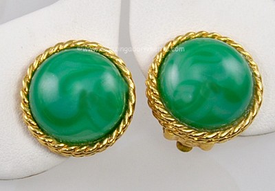 Vintage Signed JOMAZ Clip- on Earrings with Green Cabochon