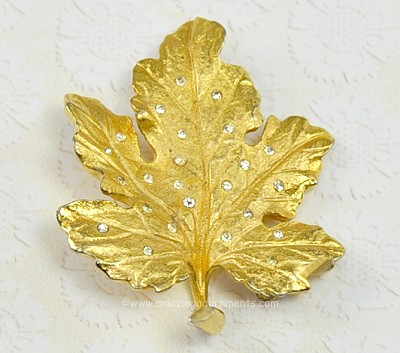 Classic Maple Leaf Brooch with Clear Rhinestones Signed PENNINO