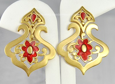 Ornate Vintage Earrings with Red Enamel Insets