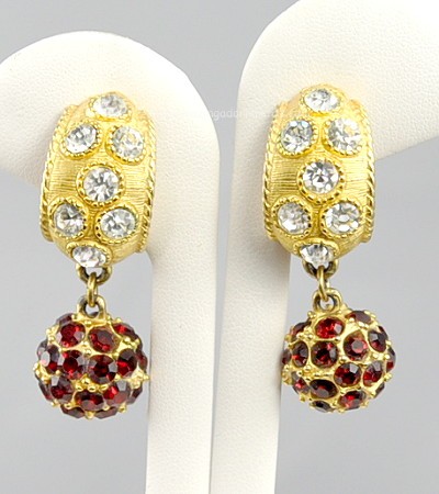 Generous Red and Clear Rhinestone Earrings Signed BLANCA