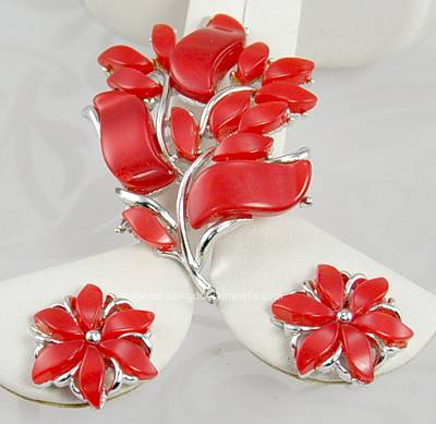 Ravishing Red Vintage Thermoplastic Brooch and Earring Set Signed STAR