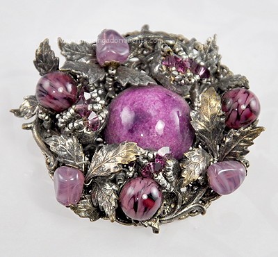 Intricate Vintage Wired Amethyst Glass and Leaves Brooch Signed MIRIAM HASKELL