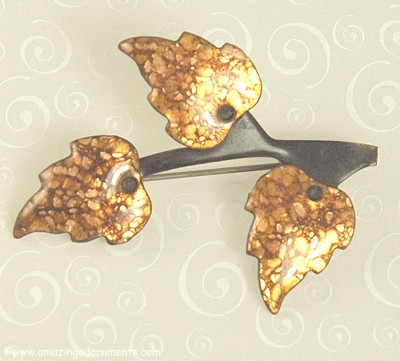 Vintage Three Leaf Enamel on Copper Pin Signed MATISSE RENOIR