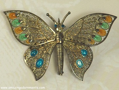 Vintage Signed ALICE CAVINESS Sterling Germany Filigree Butterfly Brooch- Wings Adjust