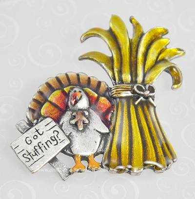 Ebullient Enamel Thanksgiving Turkey and Wheat Pin Signed AJMC