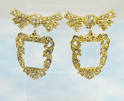 Flamboyant Unsigned Bow and Shield Earrings with Rhinestones