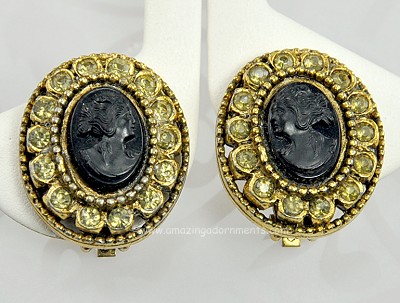 Vintage Ritzy Black Cameo and Rhinestone Earrings