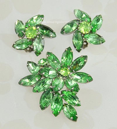 Vintage DeLizza and Elster Shades or Green Rhinestone Brooch and Earring Set