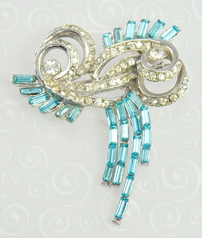 Radiant Vintage Aqua and Clear Rhinestone Brooch Signed WIESNER