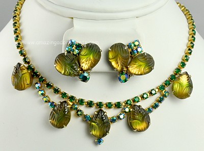 Fancy Multi- Colored Scarab Look Glass Necklace and Earring Set Signed LISNER