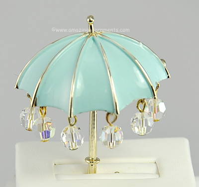 Too Cute Vintage Enamel and Crystal Umbrella Parasol Pin Signed LISNER