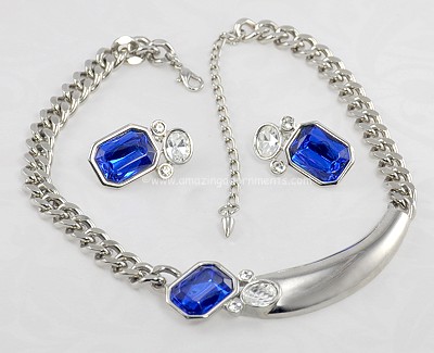 Robust Modern Necklace and Earring Set with Blue and Clear Glass Signed PARKLANE