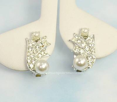 Vintage Faux Pearl and Rhinestone Bride/Wedding Earrings