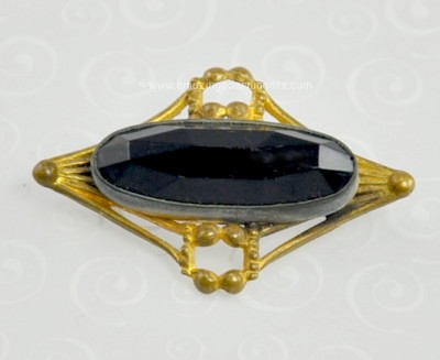 Victorian Antique Brass and Black Glass Mourning Brooch