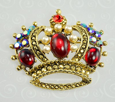 Stately Vintage Signed WEISS Red Glass and Rhinestone Crown Pin/Brooch
