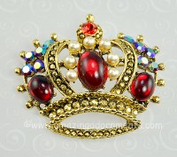 Stately Vintage Signed WEISS Red Glass and Rhinestone Crown Pin/Brooch