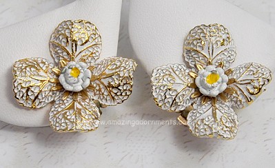 Super Gold and White Enamel Dogwood Flower Earrings Signed ART
